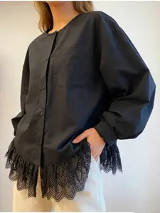 Spring Autumn New High-End Hem Lace Patchwork Long Sleeve Casual Shirt Top for Women, Versatile Fashion Blouse, Stylish and Comfortable