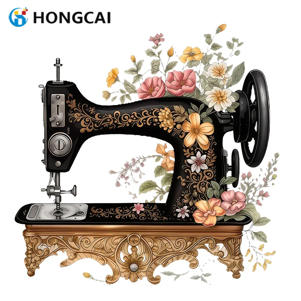 Vintage Floral Sewing Machine Iron-On Transfer, High-Quality DIY Clothing Vinyl Sticker, Easy Operation, Durable Pattern, Perfect for T-Shirts