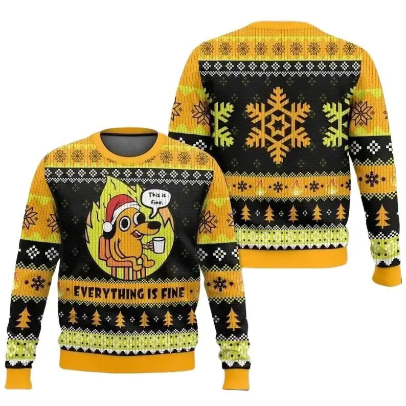 This Is Fine Meme Ugly Christmas Sweater, Funny Dog Meme Kid Adult Sweater, Everything Is Fine Meme Sweater, Pet Lover Xmas Gift Cotton Crewneck