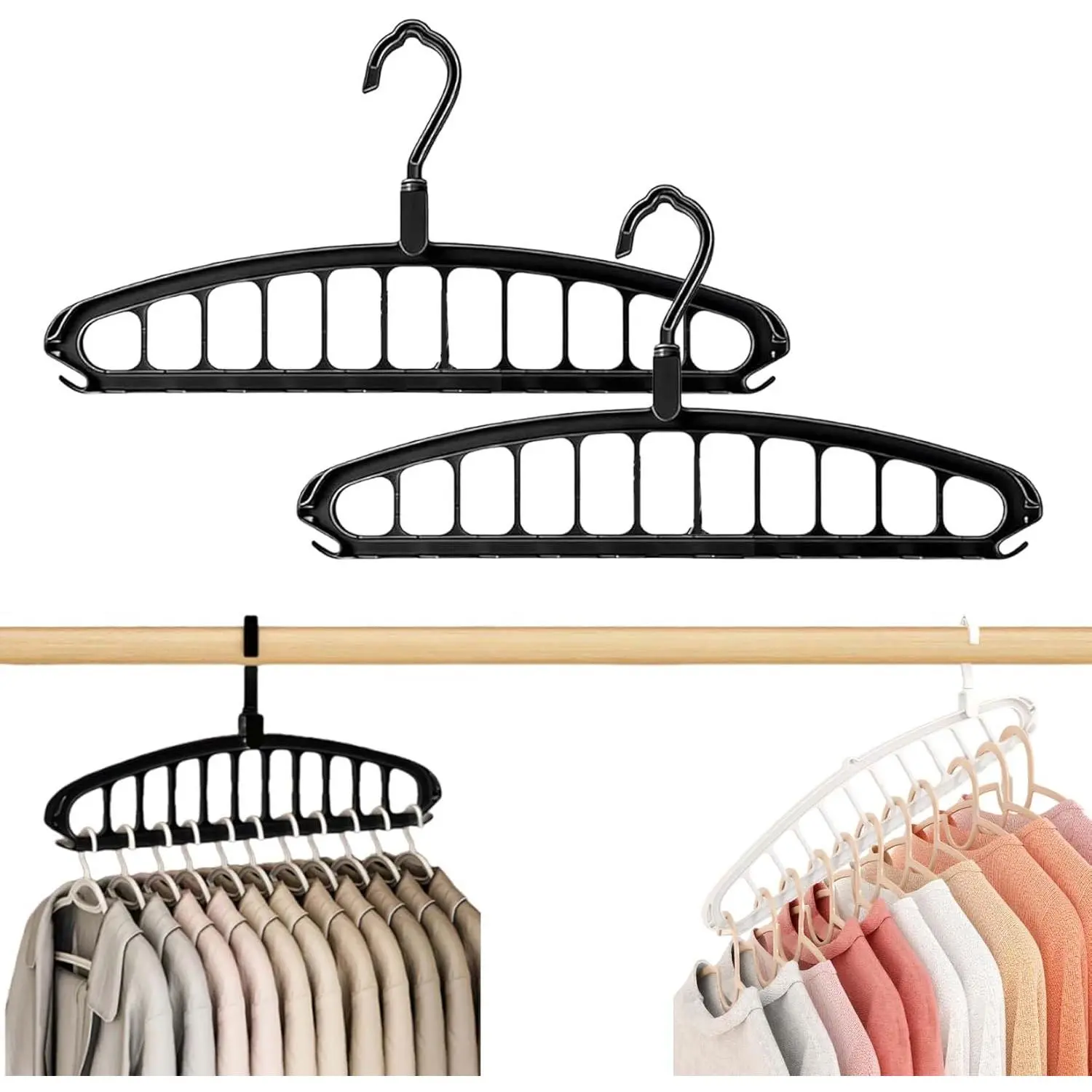 11-Hole Multifunctional Folding Clothes Hanger, New Space Saving Household Hanger, 360 °   Rotatable Hook Anti-Slip Stackable Clothes Organizer Hanger for Shirts Coats Pants, 2 Pack Black