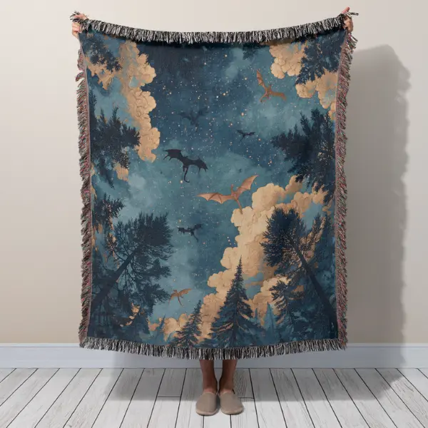Dragon Fantasy Woven Throw Blanket Celestial Night Sky Cottagecore Tapestry