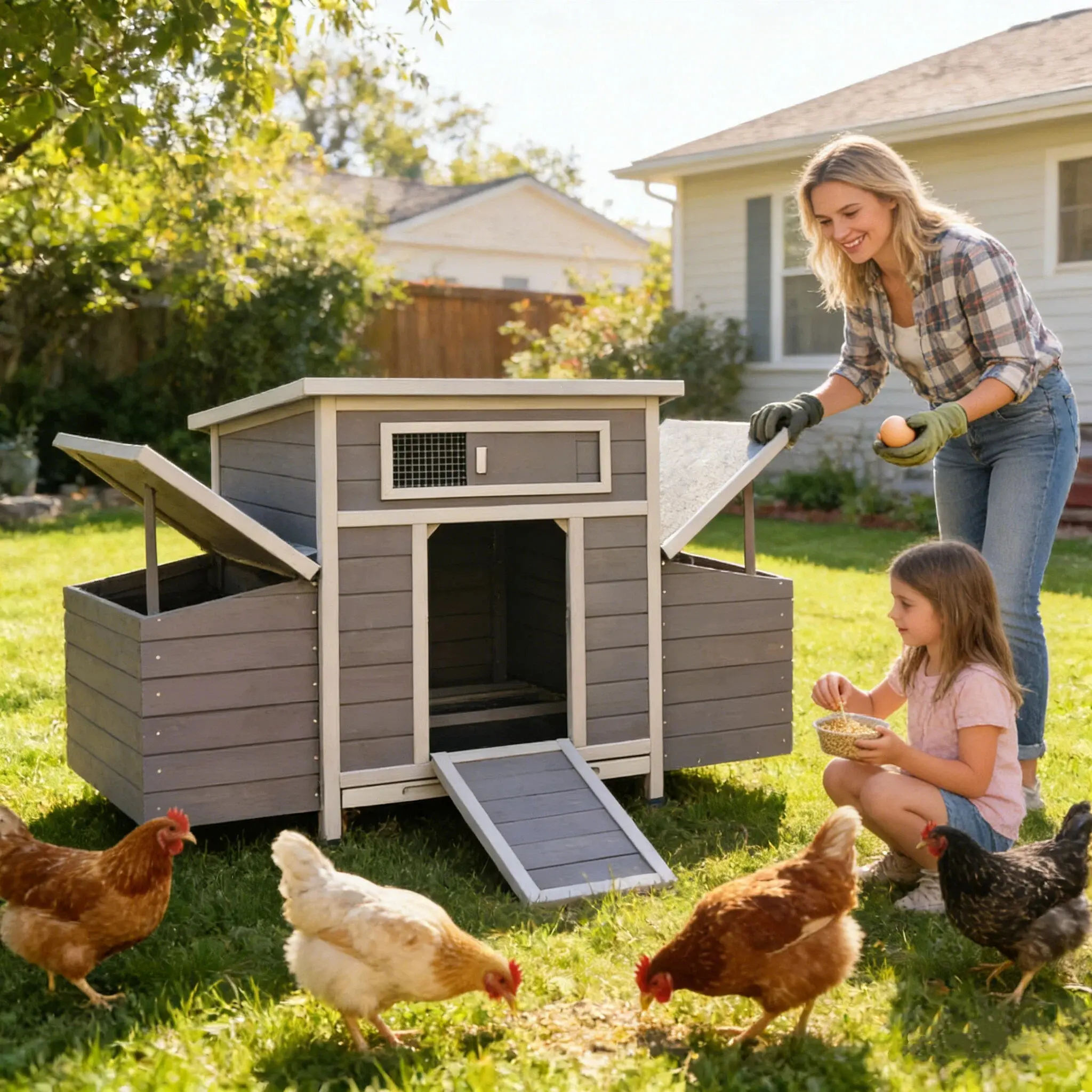 Large Wooden Chicken Coop for 3-6 Chickens, Outdoor Backyard Hen House with 6 Nesting Spaces, Waterproof Roof, Pull-Out Tray, Ramp, Ventilation Window & Lockable Doors for Poultry, Ducks, Rabbits