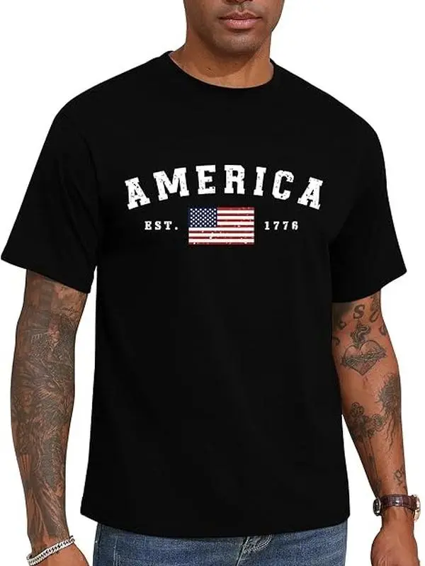 American 1776 Flag Patriotic T-Shirt Crewneck Casual Regular Tee Shirts for Men Streetwear Menswear Classic Fabric