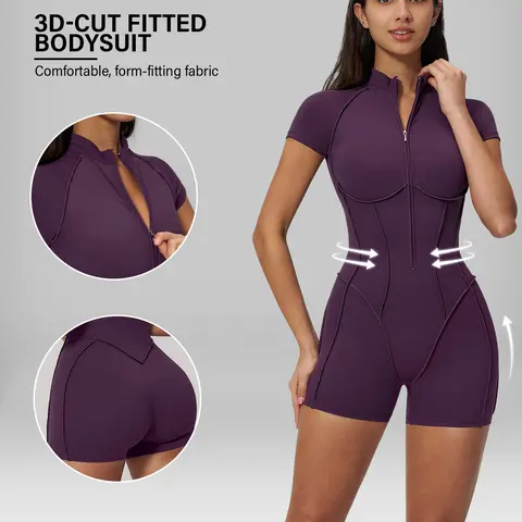 Women's Short-Sleeve Smooth Breathable Light Athletic Jumpsuit, Half-Zip Zipper Design, Contouring Details, Backless Bodysuit Overalls for Yoga, Dance Workouts (Stomach-Flattening, Butt-Lifting)