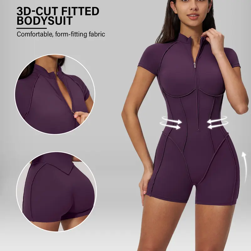 Women's Short-Sleeve Smooth Breathable Light Athletic Jumpsuit, Half-Zip Zipper Design, Contouring Details, Backless Bodysuit Overalls for Yoga, Dance Workouts (Stomach-Flattening, Butt-Lifting)