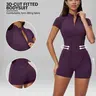 Women's Short-Sleeve Smooth Breathable Light Athletic Jumpsuit, Half-Zip Zipper Design, Contouring Details, Backless Bodysuit Overalls for Yoga, Dance Workouts (Stomach-Flattening, Butt-Lifting)