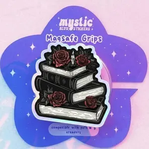 Gothic Book Stack Magnetic Phone Grip for Book Lovers Vintage Rose Design Literary Accessory Cozy Skeleton Reading Phone Grip with Strong Adhesive and Scratch-Resistant Print