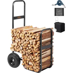 VEVOR Firewood Cart, 250 lbs Capacity, Black Heavy Duty Steel Dolly Hauler with PU Wheels & Waterproof Cover, Outdoor and Indoor Wood Rack Storage Mover, Firewood Carrier for Fireplace, Fire Pit