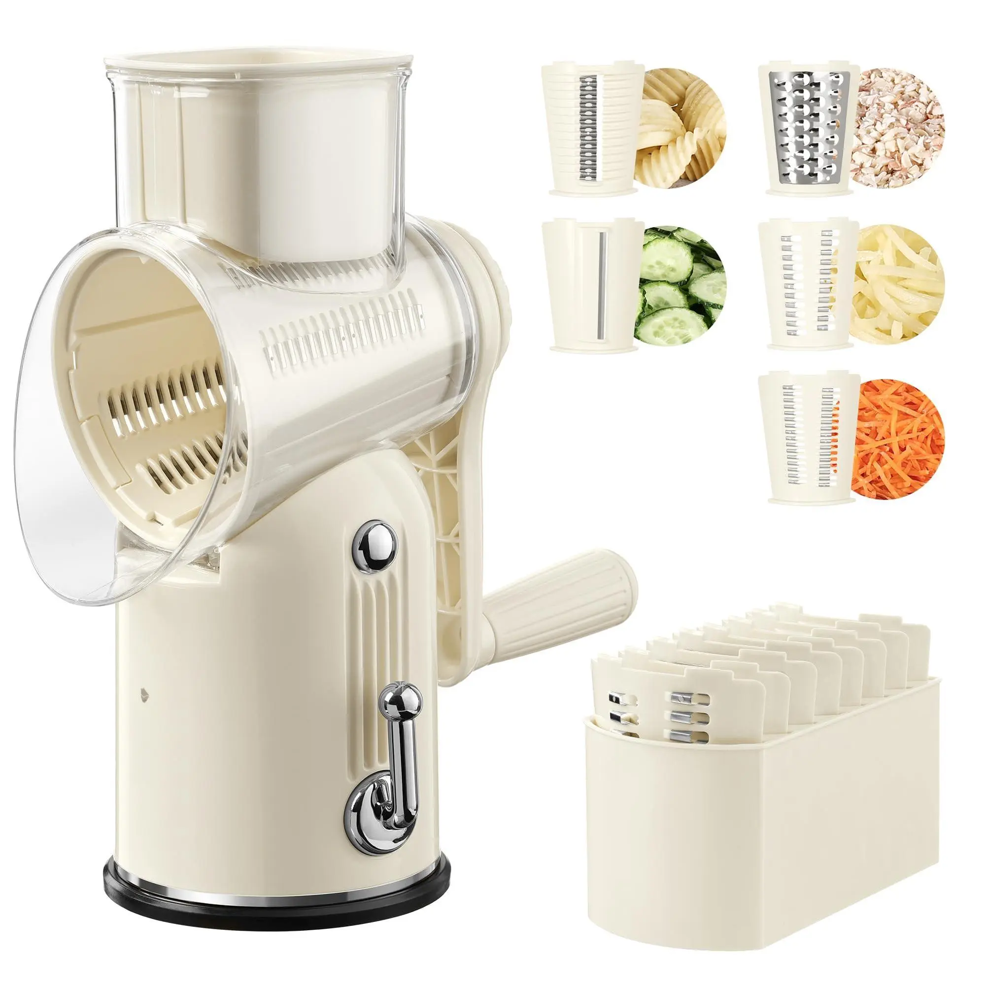 Rotary Cheese Grater W/ 5 - Kitchen Vegetable Shredder For Cabbage  Carrot Coleslaw Cucumber Handheld Food Slicer Graters Retro Design With Storage Box Cream