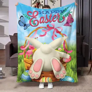 Easter Bunny Print Flannel Blanket, Soft Skin-Friendly Throw, Ideal for Bedroom Living Room Sofa Office Home Decor
