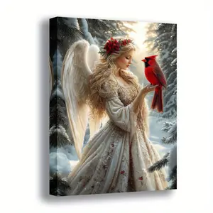 2D Flat, 1 Piece Festive Serenity Canvas Art - Snow Angel and Red Cardinal, Wooden Frame, Suitable for Home and Office Decoration, Perfect Gift, Suitable for Living Room, Bedroom, Kitchen or Dining Room, Festive Wall Decoration|Winter Scene Art|Wooden Fra
