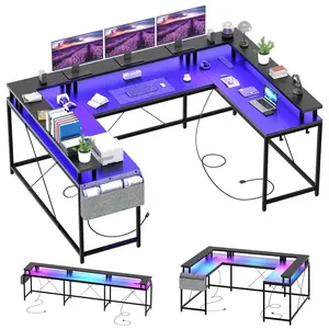 【GARVEE】U Shaped Desk with Power Outlets & LED Lights, 79" Reversible L Shaped Desk, Corner Computer Desk Office Desk with Full Monitor Stand, Black