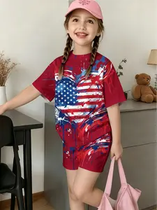 Kids Girls 4th of July Patriotic 2-Piece Outfit, USA Flag Heart Print T-Shirt & Shorts, Quick Dry Breathable Polyester Set, Toddler Summer Independence Day Beach Casual Clothes, Red White Blue, Age 3-10