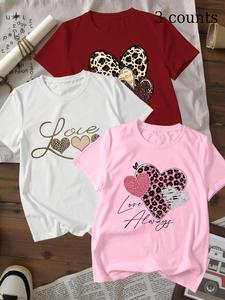 women's heart & leopard print round neck tee, graphic tee, fashion casual short sleeve crew neck t-shirt for daily holiday vacation outdoor wear, ladies clothes for spring, going out tops, tshirt, womenswear