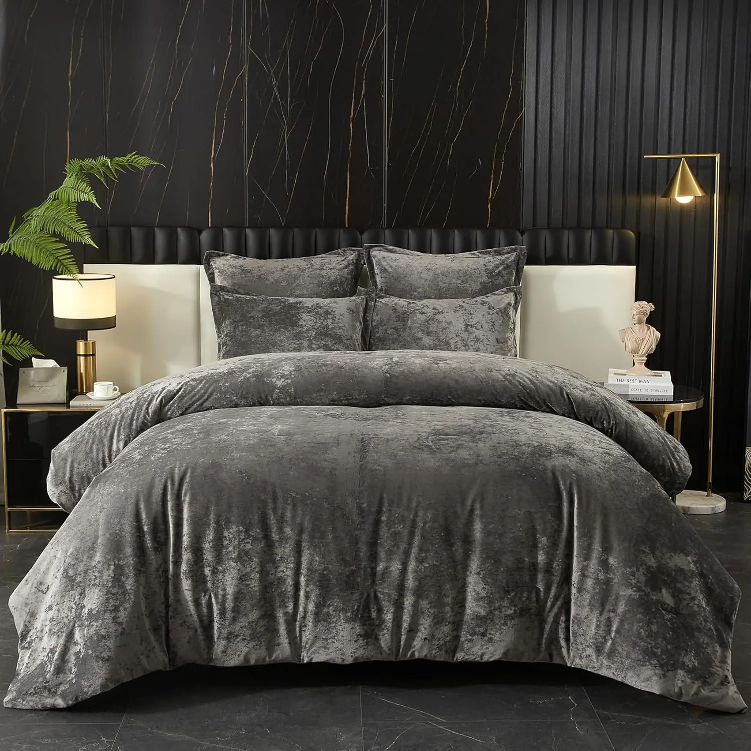 Crushed Velvet Comforter Queen, Lightweight Comforter, 5pcs Ultra Grey Comforter, Flannel Comforter Queen Size (1 Comforter,2 Pillow Shams, 2 Euro Shams