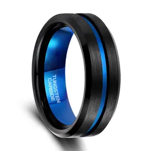 Blue Groove Beveled Edge Wide Face 6/8/10mm Men's Tungsten Steel Ring