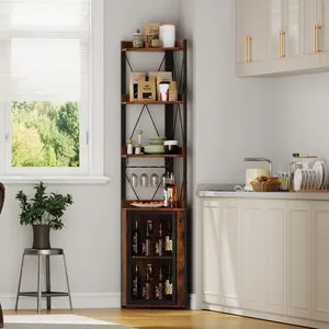 Freestanding Liquor Storage Sideboard – Industrial Corner Bar Cabinet with 4-Tier Wine Rack – Glass Holder, Adjustable Shelves  – Vintage Color, Space-Saving Display for Dining Room or Home Bar