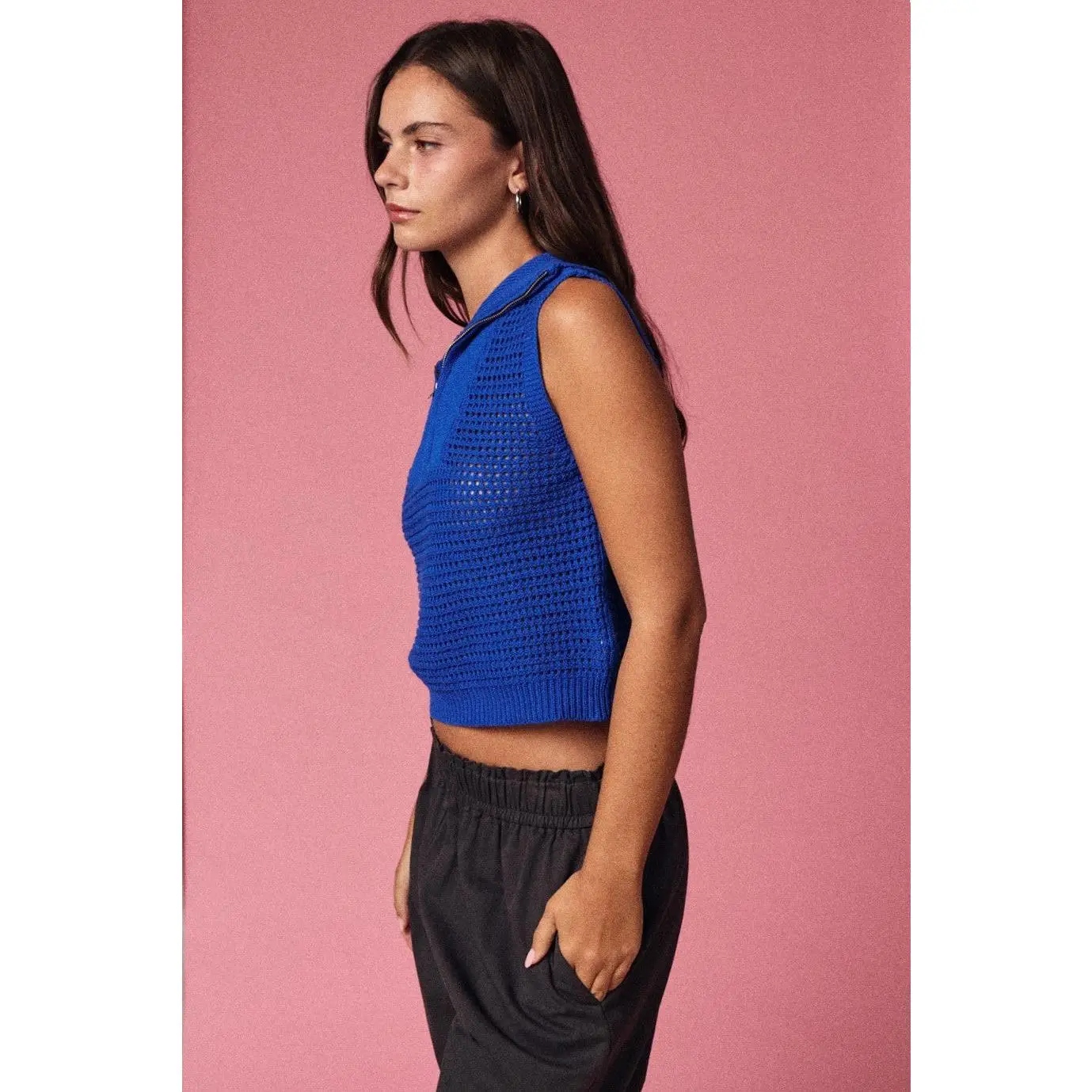 Zelle Open Knit Zip Collar Tank