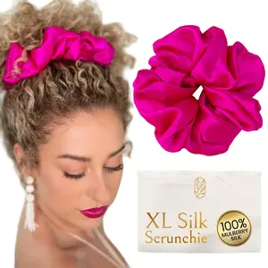 Silk Scrunchies for Ponytail Holders -  Mulberry Silk Scrunchies -  No  Hair Ties for Curly, Thick, and Thin - Hair Accessories for Women - Hot  Peony, XL By