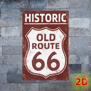 2D Flat, 2D flat Historic Route 66 Vintage Look Retro, Metal Sign - Durable Iron Wall Sign, 8" x 12", Perfect for Home, Bar, Garden, Cafe, Garage Decor, Metal Outdoor Decor, Great for Room Decor, Perfect for Room Decor