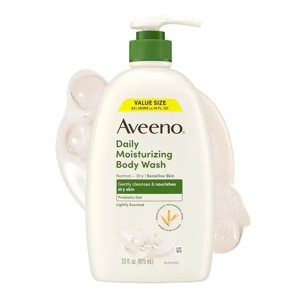 Aveeno Daily Moisturizing Body Wash - Sensitive Prebiotic Oat Formula for Normal-Dry Skin, Gentle Cleanser, Lightly Scented, 33 fl. Oz Value Size for Adults