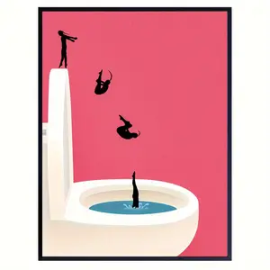 Vintage Pink Bathroom Wall Art – Humorous Canvas Print of Girls Jumping on Toilet, Aesthetic Home Decor for Living Room & Bedroom