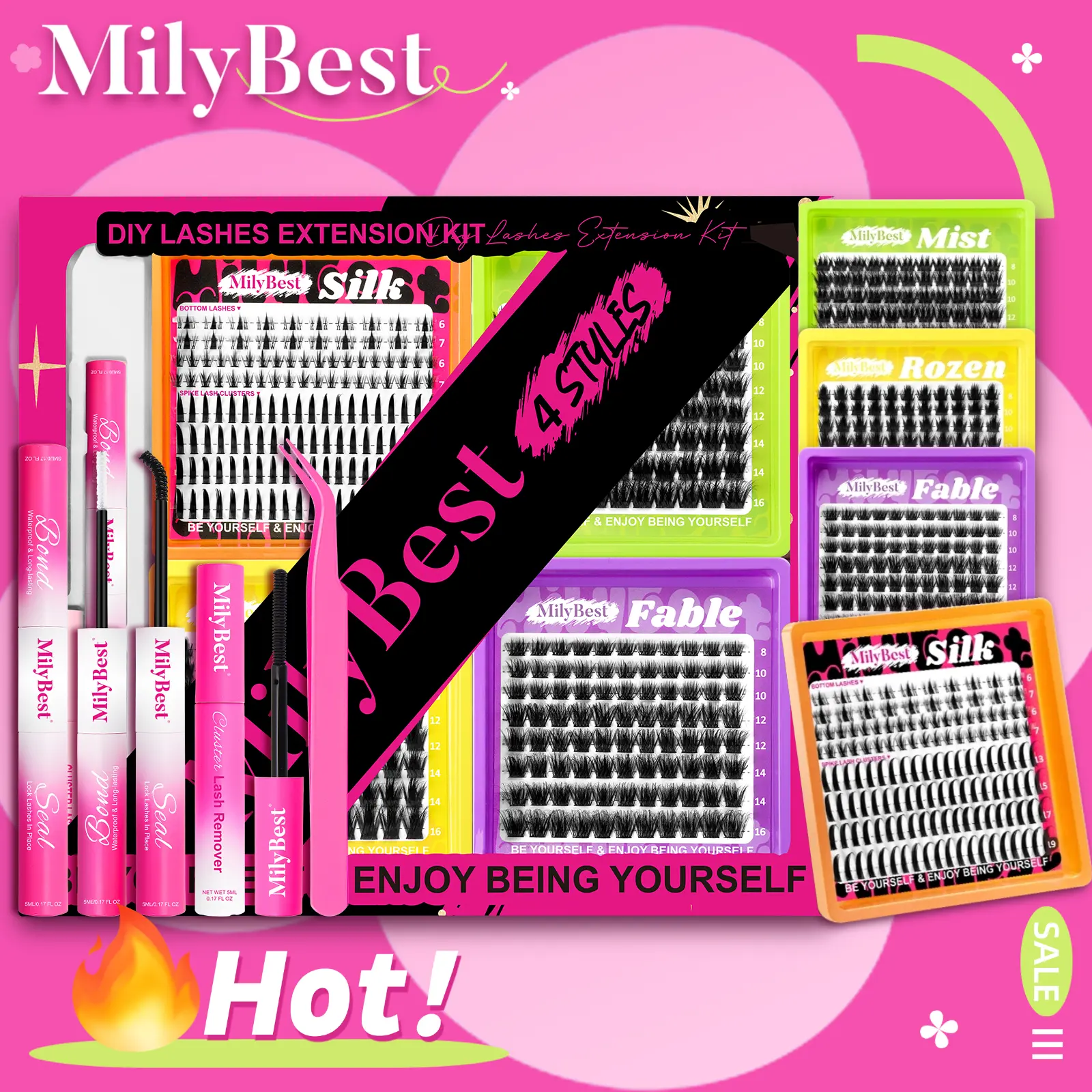 MilyBest 4Style Mini Boxes,1 Set Mixed Length Individval Eyelash Extensions Kit,Self Grafting False Eyelashes with Tweezers&Glue&Remover,Prefessional Eye Makeup Accessories for Women