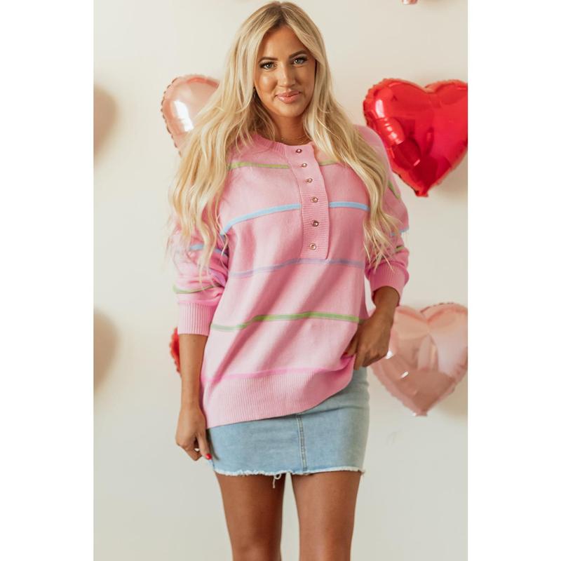 Pink Rainbow Stripes Drop Shoulder Baggy Henley Sweater