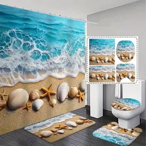 1/4pcs Ocean Wave Design Shower Curtain Set with Seashell and Starfish Patterns, Non-Slip Mat, U-Shaped Rug, Toilet Seat Cover. Perfect for bathroom décor, partitioning, and beautifying the space. Includes 12 shower curtain hooks.
