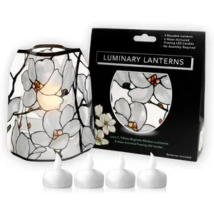 Luminary Lanterns 4-Pack - Floating LED Candles with  Included - Luminaries are  for Weddings, Parties, Patios & Celebrations of All Kinds (Louis C. Tiffany Magnolia Window)