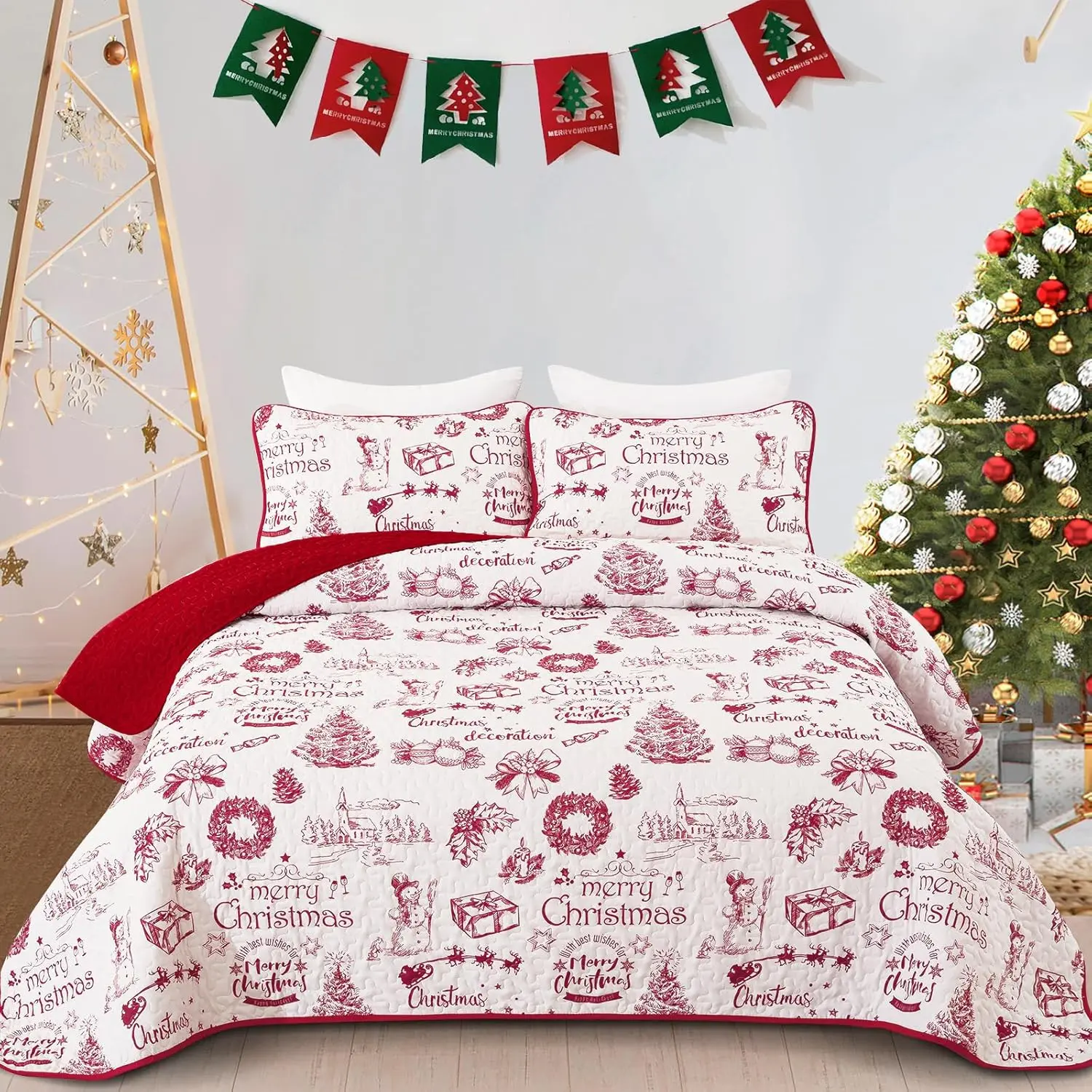 Dobuyly Christmas Quilt Set Queen Size, Red Xmas Tree Snowman Village Bedspread