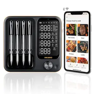 INKBIRD INT-14-BW Meat Thermometer, WiFi & Bluetooth Wireless, 4 Probes, Stainless Steel, IP67 Waterproof, 25-Hour Battery, Ideal for Barbecue & Frying, Holiday Gifts