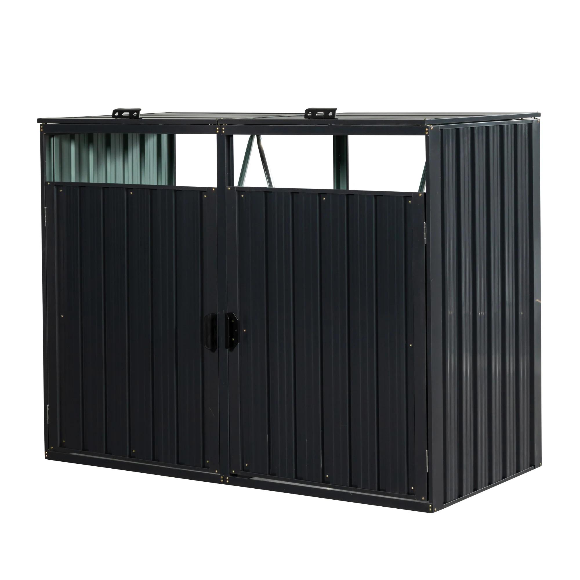 2 Trash Cans Metal Outdoor Bin Shed for Garbage Storage Stainless Galvanized Steel Bin Shed for Garden Yard Lawn