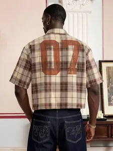Men’s Brown Plaid “07” Print Cropped Cuban Collar Shirt, Oversized Streetwear Short Sleeve Button-Up with vintage distressed number print, retro-inspired, perfect for casual outings, 90s street style, and everyday wear for a laid-back, preppy vibe. #Stree