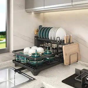 2-Tier Metal Dish Drying Rack, Suitable for Various Kitchen Countertops, Space-Saving and Durable, Comes with a Cutlery Holder, Cup Holder, and Rust-Proof Drip Tray, Helps Keep Your Kitchen Neat and Organized sturdy design dish drainer