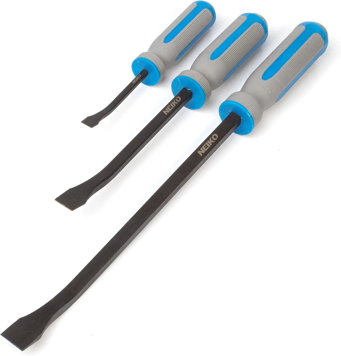 00251A Pry Bar, 3 Piece Angled Tip Pry Bar Set, 8", 12" & 17.5" Crow Bar with Go Through Striking Cap, Textured TPR Breaker Bar Handles, Heavy Duty Black Oxide Coated Chromium Steel Small PryBar