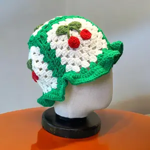 Granny Square Green Cherry Crochet Beanie