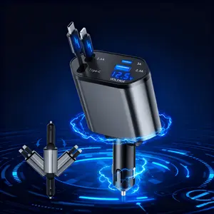 4 in 1 Retractable Car Charger, USB C Fast Charging Adapter with Lightning Cable Compatible with iPhone 16/15/14/13 Pro Max Plus, Samsung S23/S22/S10 Usb Car Connector