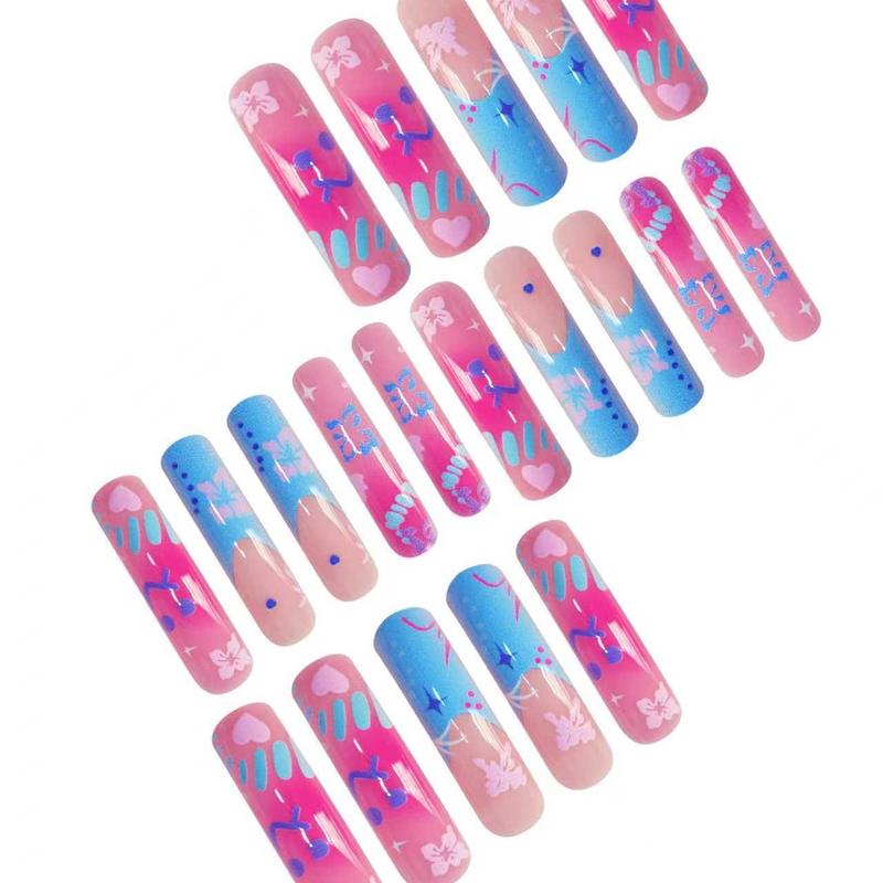 20-Piece Medium Length Press-On Nails Set, Sweet Blue Floral Design with Glossy Finish, Easy to Wear Curved Shape Nail Art for Girls
