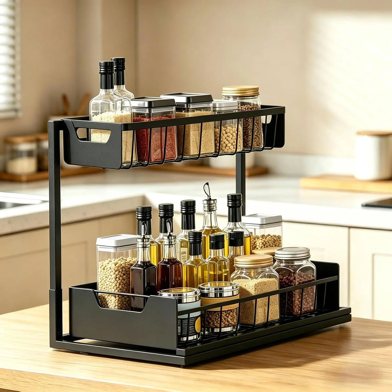 Modern 2-Layer Black Metal Pullout Storage Box - Indoor Condiment Rack, Bathroom Cabinet Storage Organizer for Bottles