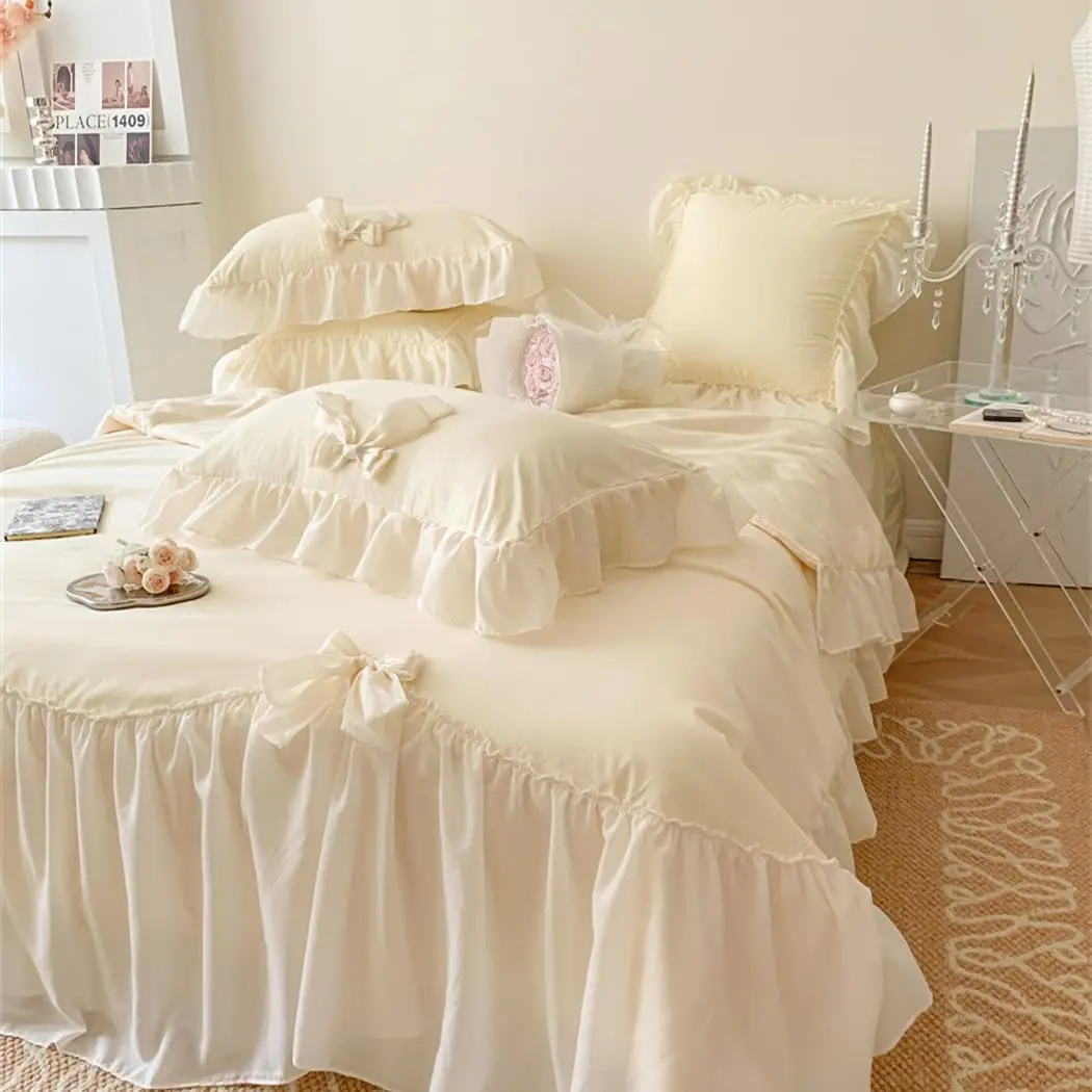 Duvet Cover  Size, Ruffle Beddding Set with Bowtie, 3 count Comforter Cover Set with Zipper Closure, Girl Princess Bedding with Pillowcase - Cream Yellow,
