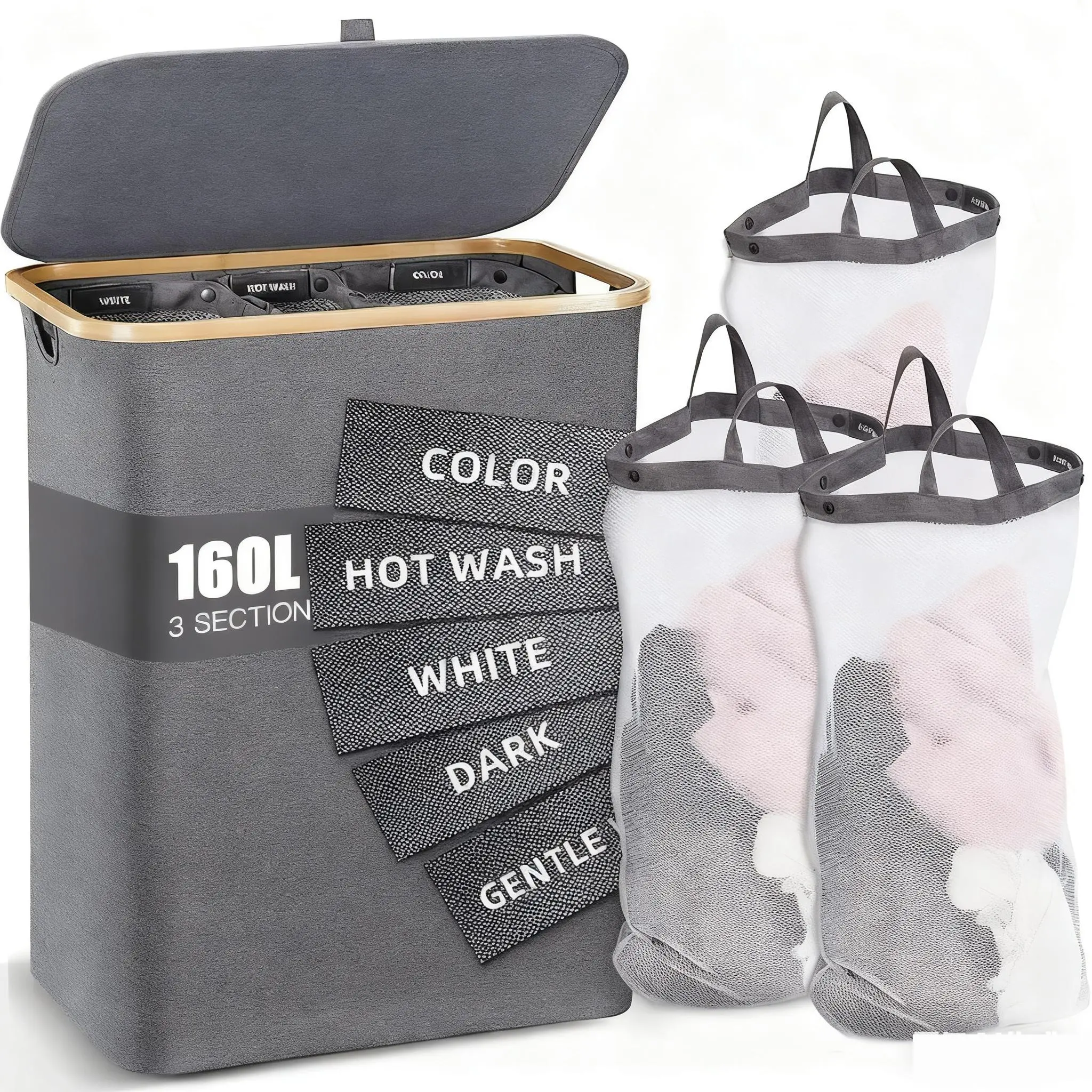 160L Eco-Friendly Bamboo Hamper - Foldable, Large-Cap, Sturdy, Breathable, Space-Saving Odourless Organizer for 3-5 Person Family Clothes Storage, Specialty Kitchen Utensil for Laundry Room,Bedroom
