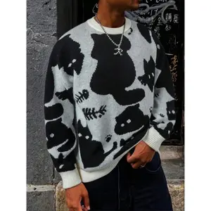 Unisex casual loose-fit knitted sweater with a chic look, cartoon cat pattern, crew neck, long sleeves, pullover style, suitable for spring, autumn, and winter fashion