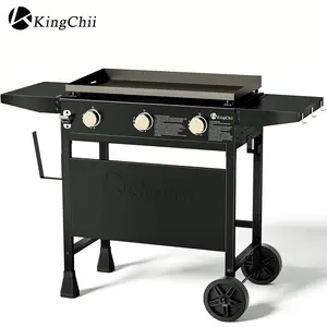 KingChii 28 Inch 3 Burner Gas Griddle with Counter Height Side Shelves Portable Flat Top Grill with Cart Base Non Stick Propane BBQ Grill for Outdoor Backyard Patio