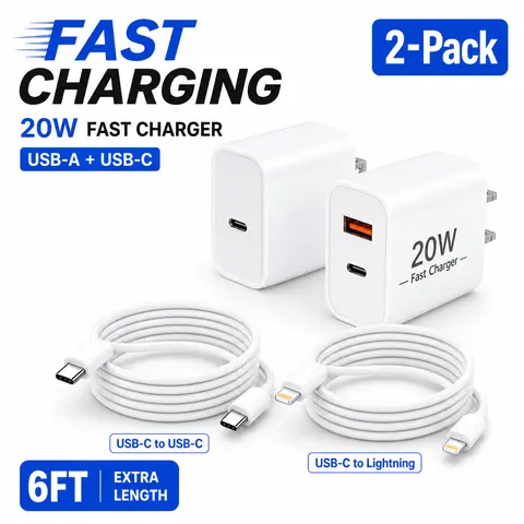 2 Pack 20W Fast Charger Set, Dual Port USB-A + USB-C Wall Charger Blocks with 6FT USB-C to Lightning & USB-C to USB-C Cables, PD Quick Charging Phone Charger for iPhone, iPad & USB-C Devices