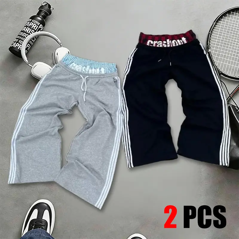 Men’s 2-in-1 straight-leg pants with side stripes and a drawstring waist; regular fit with casual pocket design. Suitable for autumn and winter, ideal for everyday wear—casual street-style long pants.
