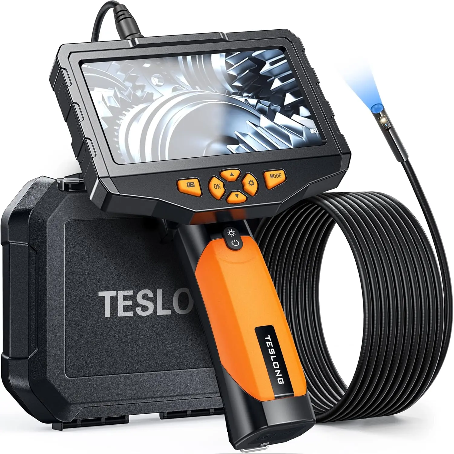 Teslong 5'' Dual Lens Borescope Camera for Wall & Engine Inspection IPS Screen 16.5FT Cable Industrial Endoscope with 7 LEDs, Waterproof Fiber Optic Snake Scope for Automotive, HVAC, Plumbing