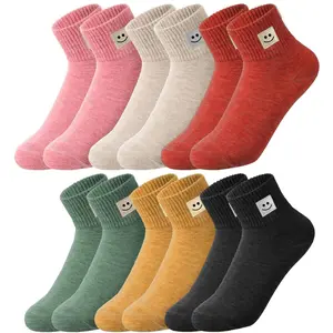 NevEND 6 Pairs Women's Ankle Cotton Mini Crew Cute Socks Athletic Running Sports with Thick Cushioned Happy Face Womenswear