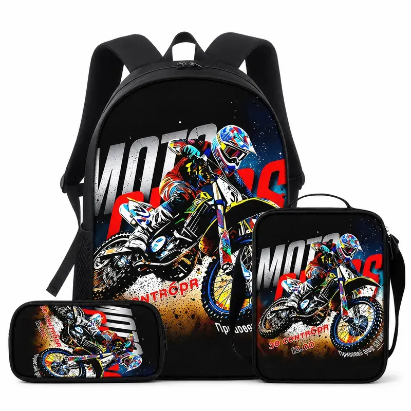 Kids' 3-Piece Motocross Rider Backpack Set - Dirt Bike Racing School Bookbag with Matching Lunch Bag, Pencil Case, Action Sports Travel Daypack Back-to-School Gift