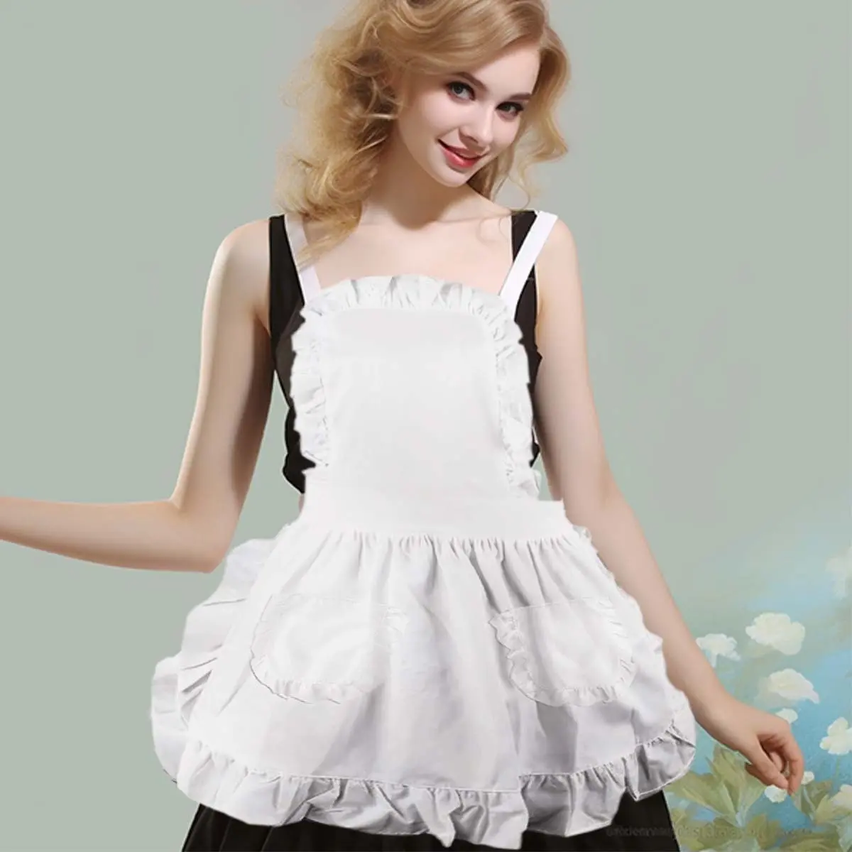 Elegant Maid Cute Ruffle Apron Home Princess Style Pure Full Body Ruffled Hem Dual Pockets, European Design Kitchen Cooking Accessory, Kitchen Cooking Aprons